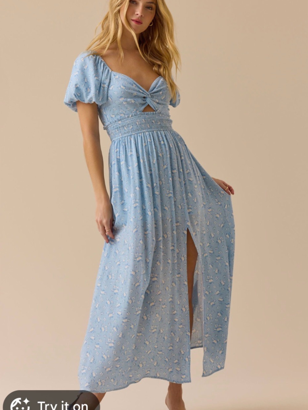 Altar'd State Sky Blue Floral Maxi Dress with Puff Sleeves